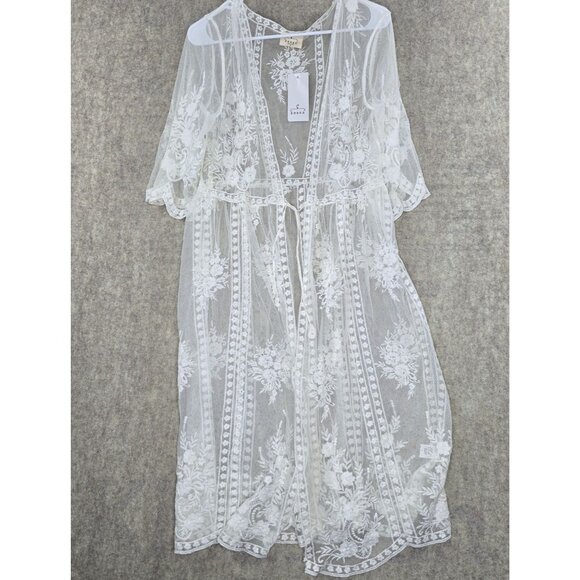 Ember White Floral Embroidered Lace Kimono Cardigan With Tie Closure - Picture 1 of 8
